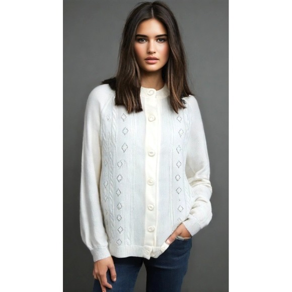 Vintage Fully Fashioned Cardigan Sweater Pointelle Buttons Ivory Size Large EUC - Picture 1 of 7